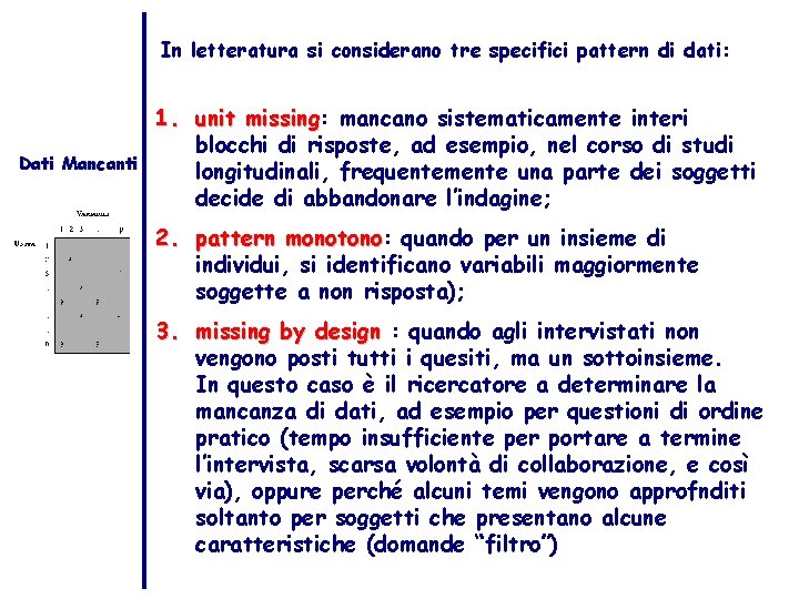 In letteratura si considerano tre specifici pattern di dati: Dati Mancanti 1. unit missing: