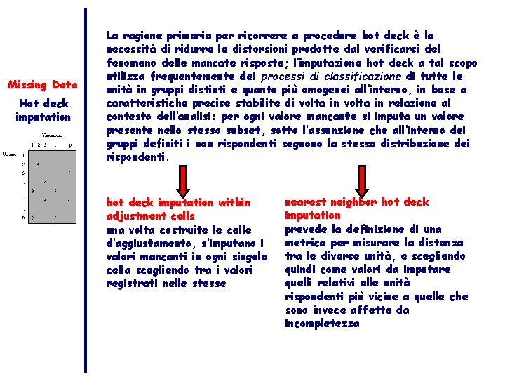 Missing Data Hot deck imputation La ragione primaria per ricorrere a procedure hot deck