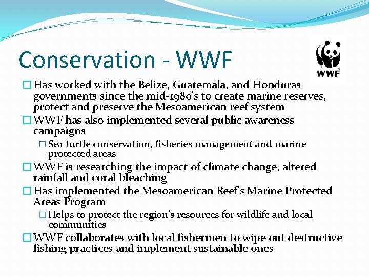 Conservation - WWF �Has worked with the Belize, Guatemala, and Honduras governments since the