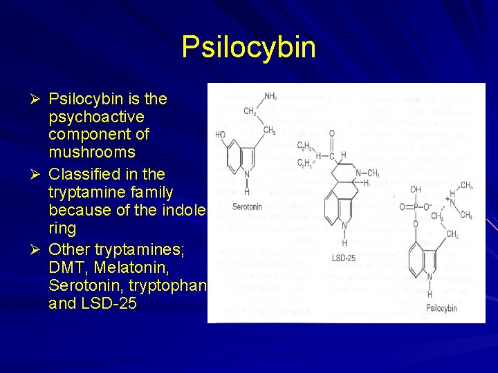 Psilocybin Ø Psilocybin is the psychoactive component of mushrooms Ø Classified in the tryptamine