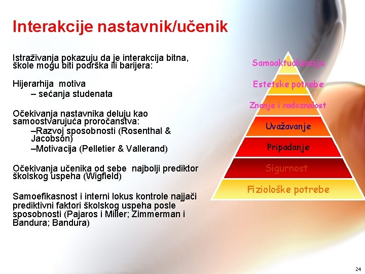 Interakcije nastavnik/učenik Istraživanja pokazuju da je interakcija bitna, škole mogu biti podrška ili barijera: