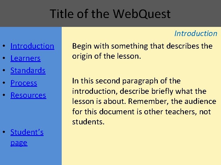 Title of the Web. Quest • • • Introduction Learners Standards Process Resources •