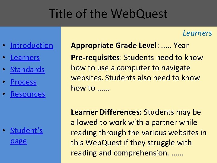 Title of the Web. Quest • • • Introduction Learners Standards Process Resources •