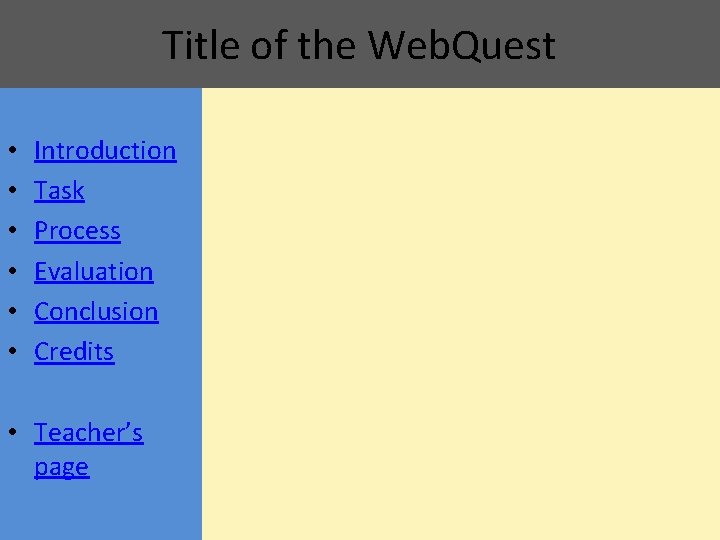 Title of the Web. Quest • • • Introduction Task Process Evaluation Conclusion Credits