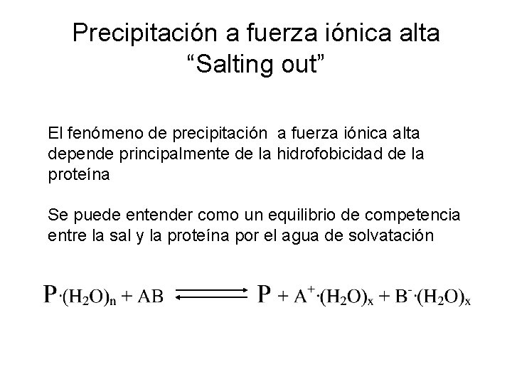 Precipitación a fuerza iónica alta “Salting out” El fenómeno de precipitación a fuerza iónica