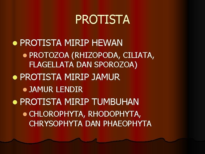 PROTISTA l PROTISTA MIRIP HEWAN l PROTOZOA (RHIZOPODA, CILIATA, FLAGELLATA DAN SPOROZOA) l PROTISTA