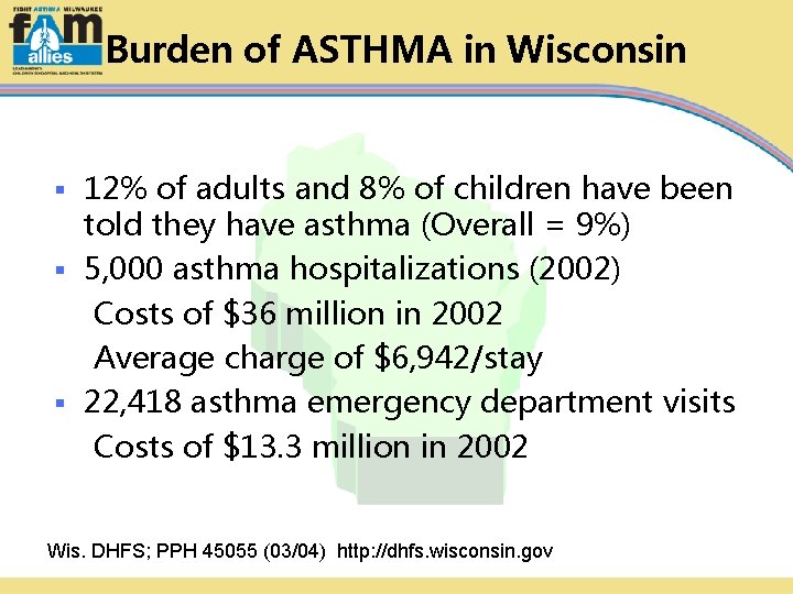 Burden of ASTHMA in Wisconsin 12% of adults and 8% of children have been