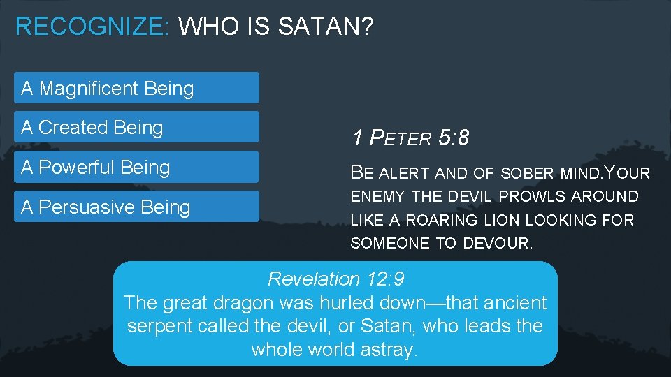 RECOGNIZE: WHO IS SATAN? A Magnificent Being A Created Being 1 PETER 5: 8