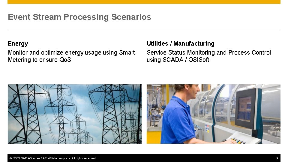 Event Stream Processing Scenarios Energy Monitor and optimize energy usage using Smart Metering to