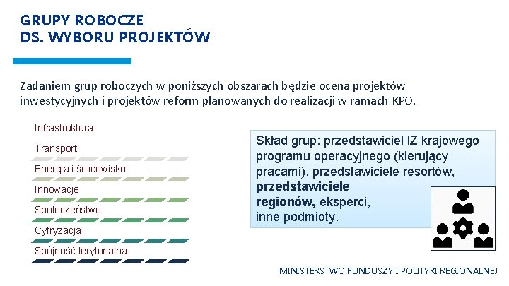 GRUPY ROBOCZE DS. WYBORU PROJEKTÓW Zadaniem grup roboczych w poniższych obszarach będzie ocena projektów