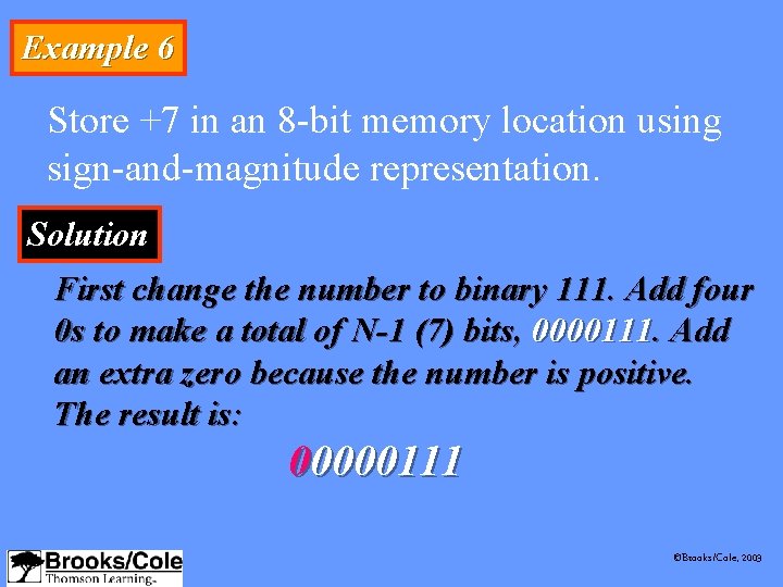 Example 6 Store +7 in an 8 -bit memory location using sign-and-magnitude representation. Solution