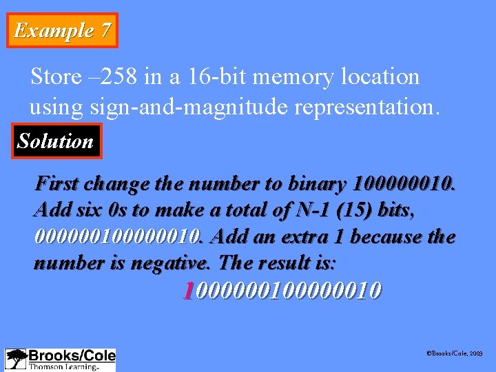 Example 7 Store – 258 in a 16 -bit memory location using sign-and-magnitude representation.