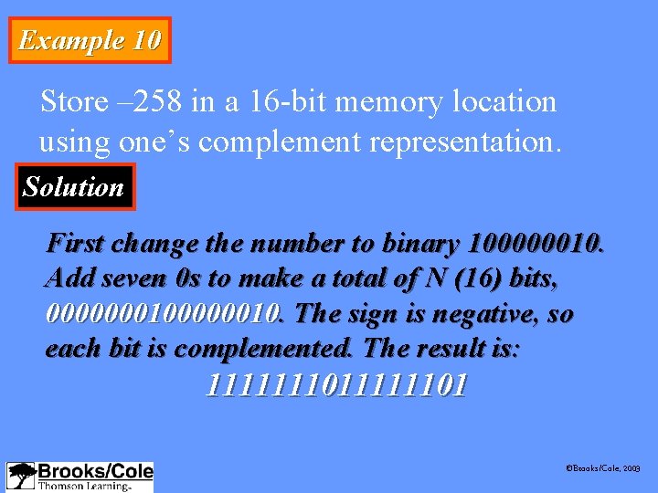 Example 10 Store – 258 in a 16 -bit memory location using one’s complement