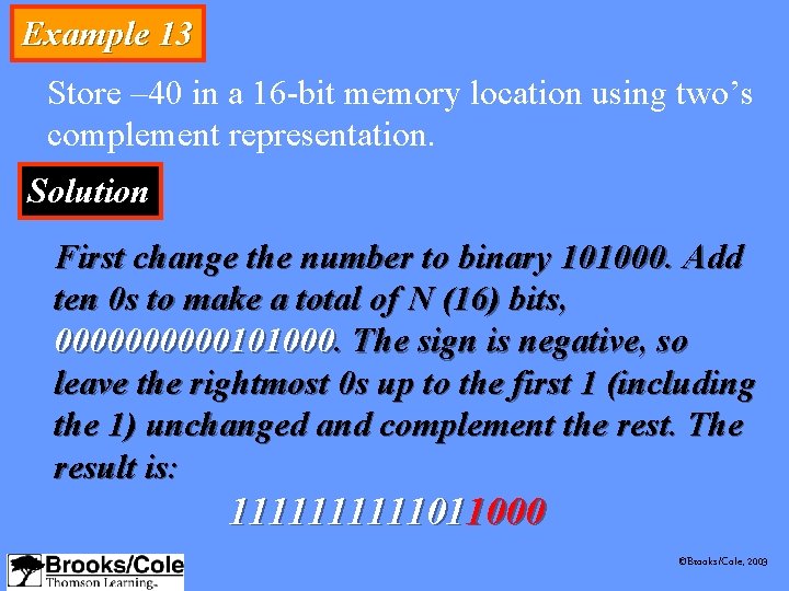 Example 13 Store – 40 in a 16 -bit memory location using two’s complement