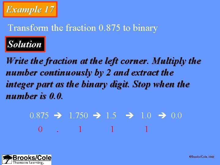 Example 17 Transform the fraction 0. 875 to binary Solution Write the fraction at