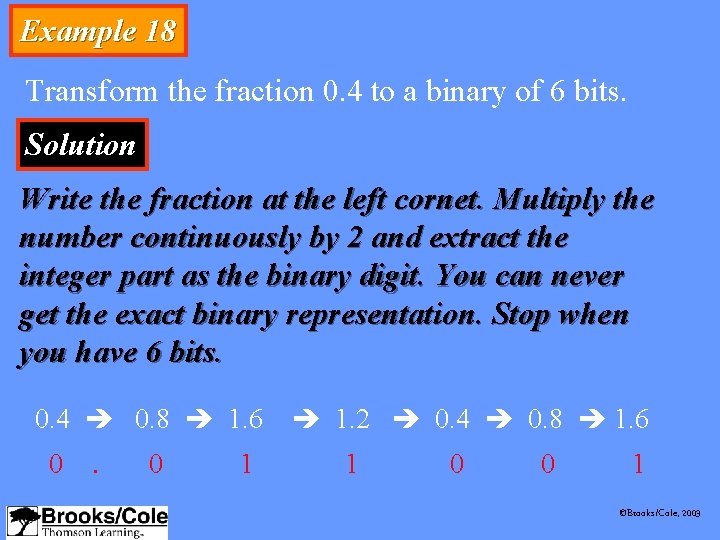 Example 18 Transform the fraction 0. 4 to a binary of 6 bits. Solution