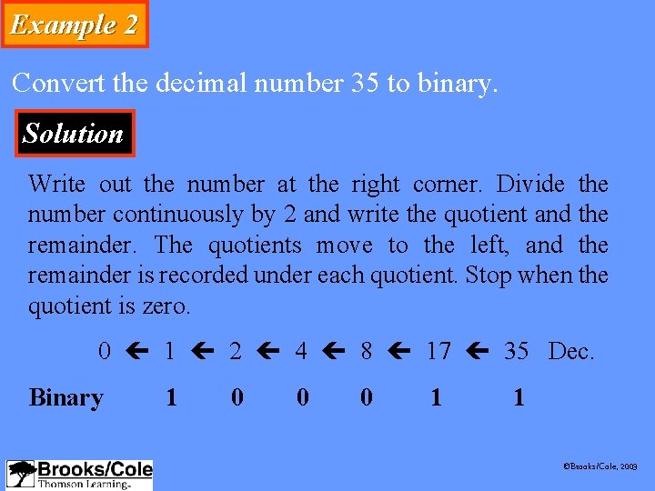 Example 2 Convert the decimal number 35 to binary. Solution Write out the number