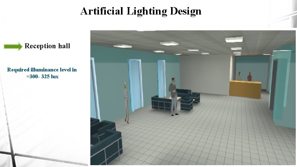 Artificial Lighting Design Reception hall Required illuminance level in =300 - 325 lux 