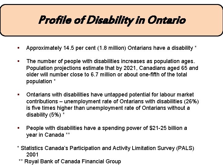 Profile of Disability in Ontario § Approximately 14. 5 per cent (1. 8 million)