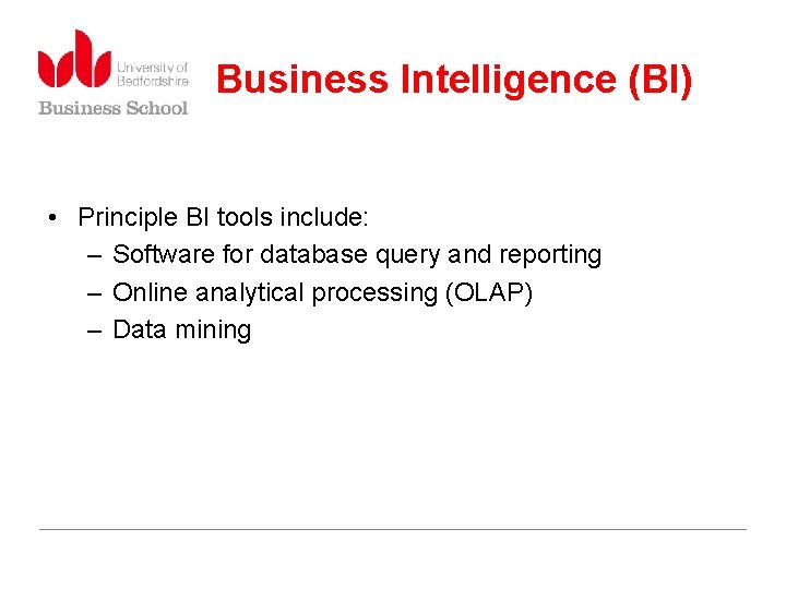Business Intelligence (BI) • Principle BI tools include: – Software for database query and