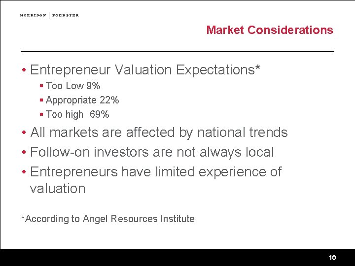 Market Considerations • Entrepreneur Valuation Expectations* § Too Low 9% § Appropriate 22% §