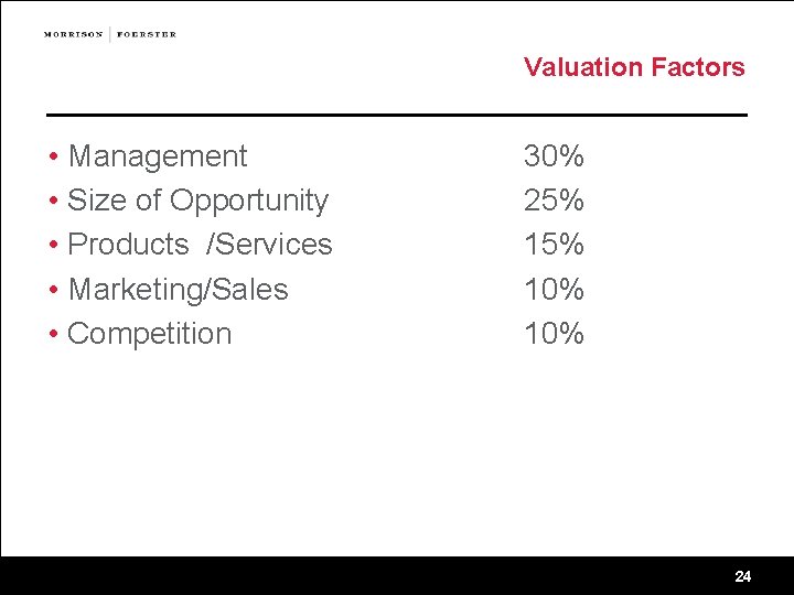 Valuation Factors • Management • Size of Opportunity • Products /Services • Marketing/Sales •