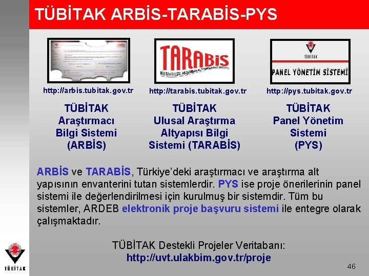 TÜBİTAK ARBİS-TARABİS-PYS http: //arbis. tubitak. gov. tr TÜBİTAK Araştırmacı Bilgi Sistemi (ARBİS) http: //tarabis.