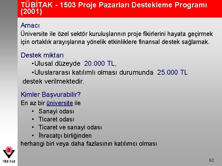 TÜBİTAK - 1503 Proje Pazarları Destekleme Programı (2001) Amacı Üniversite ile özel sektör kuruluşlarının