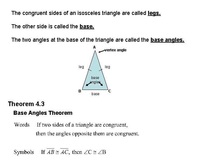 The congruent sides of an isosceles triangle are called legs. The other side is