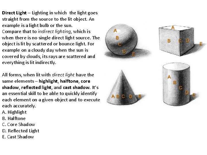 Direct Light – Lighting in which the light goes straight from the source to