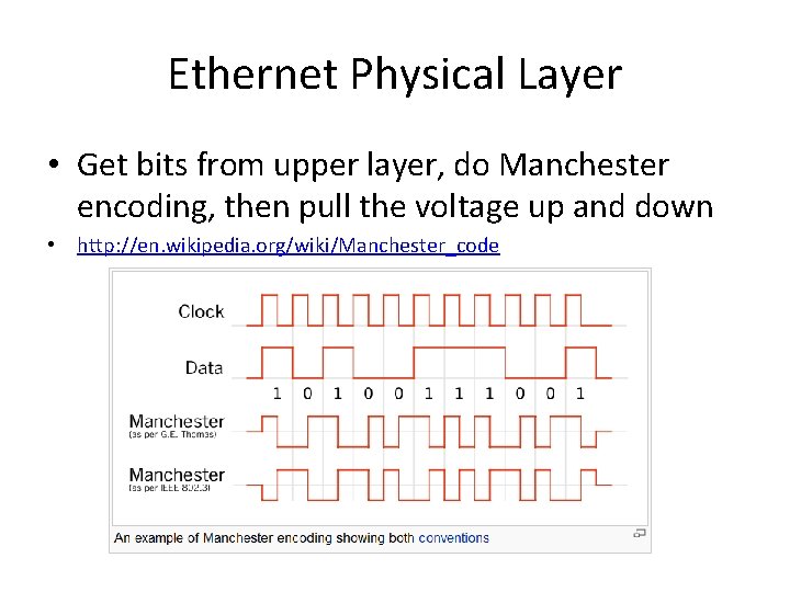 Ethernet Physical Layer • Get bits from upper layer, do Manchester encoding, then pull
