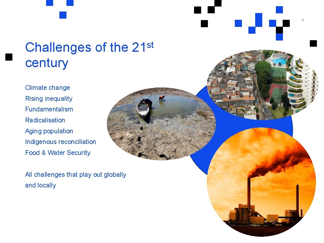 2 Challenges of the 21 st century Climate change Rising inequality Fundamentalism Radicalisation Aging