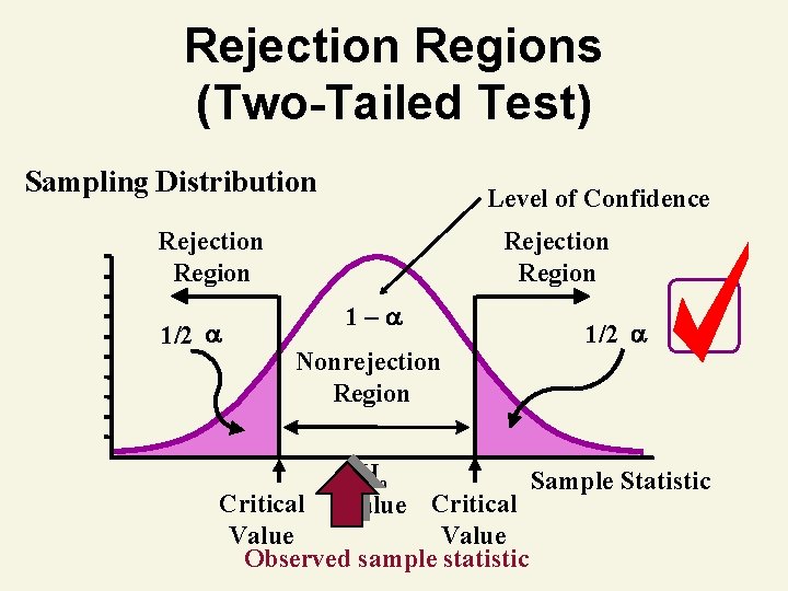 Rejection Regions (Two-Tailed Test) Sampling Distribution Level of Confidence Rejection Region 1/2 Rejection Region