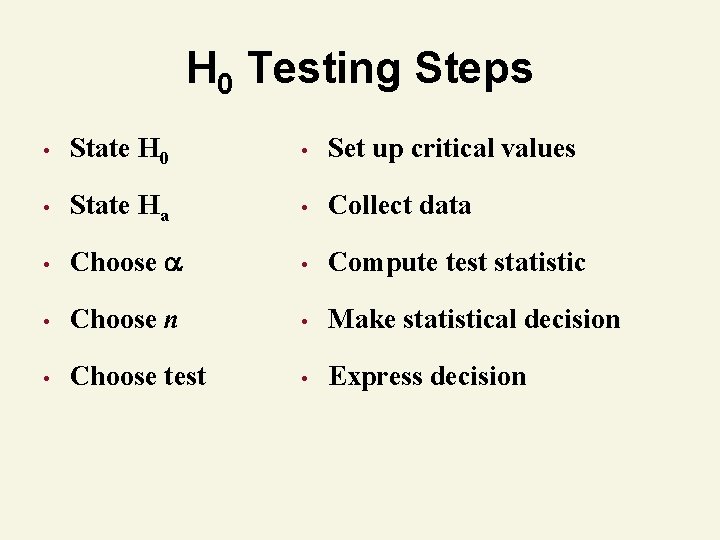 H 0 Testing Steps • State H 0 • Set up critical values •