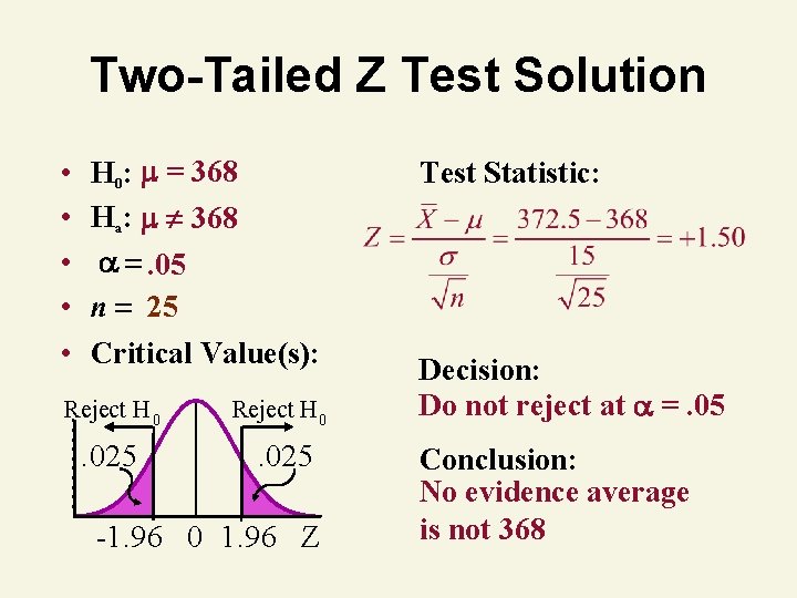 Two-Tailed Z Test Solution • • • H 0: = 368 Ha: 368 .