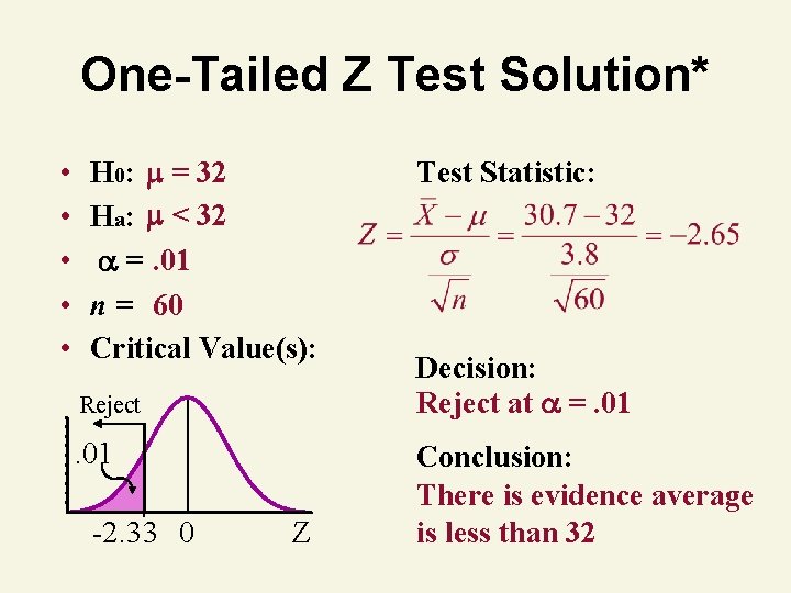One-Tailed Z Test Solution* • • • H 0: = 32 Ha: < 32 One-Tailed Z Test Solution* • • • H 0: = 32 Ha: < 32