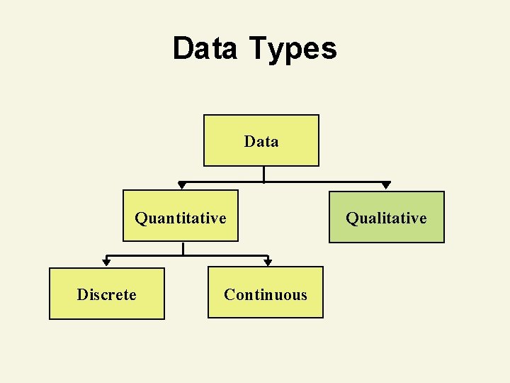 Data Types Data Quantitative Discrete Continuous Qualitative 