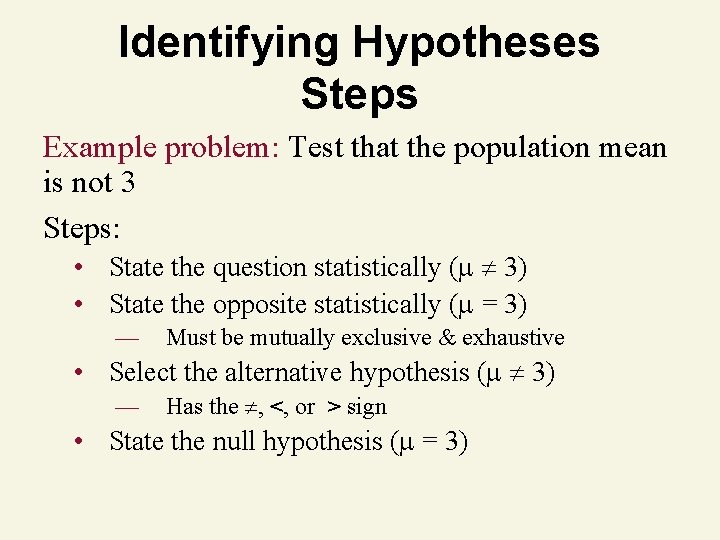 Identifying Hypotheses Steps Example problem: Test that the population mean is not 3 Steps: Identifying Hypotheses Steps Example problem: Test that the population mean is not 3 Steps: