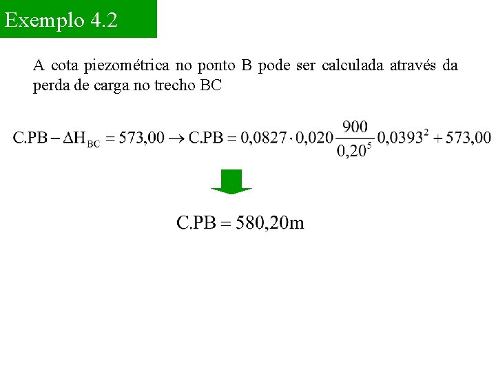 Exemplo 4. 2 A cota piezométrica no ponto B pode ser calculada através da