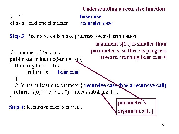 s = “” s has at least one character Understanding a recursive function base