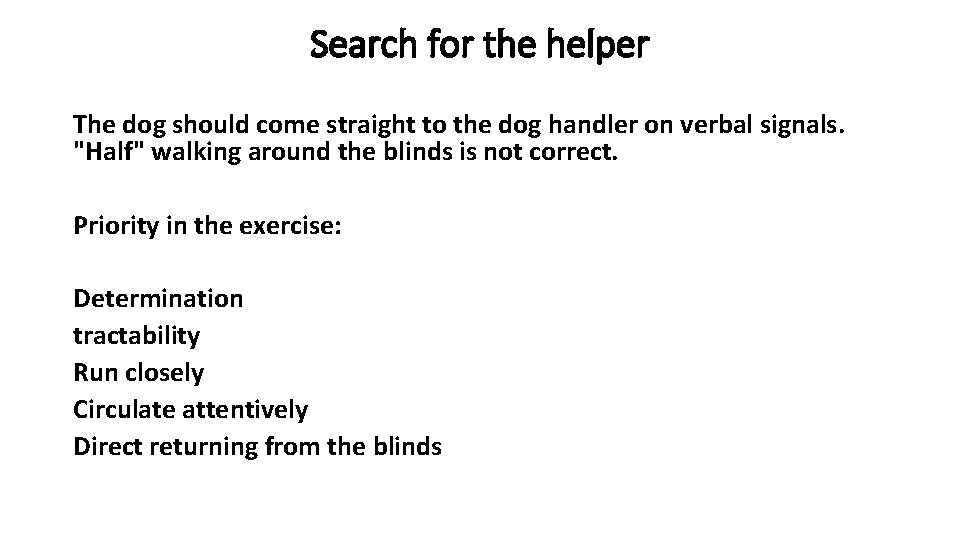 Search for the helper The dog should come straight to the dog handler on