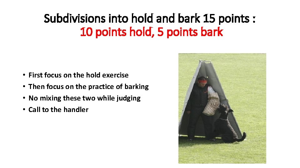 Subdivisions into hold and bark 15 points : 10 points hold, 5 points bark