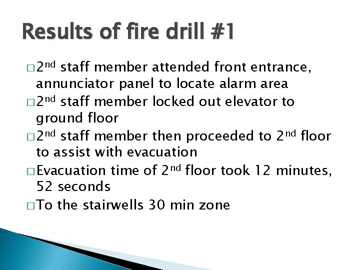 Results of fire drill #1 � 2 nd staff member attended front entrance, annunciator