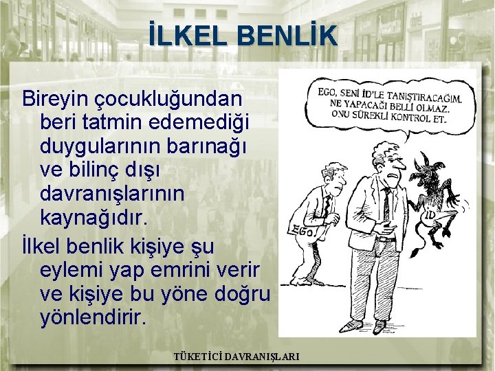 İLKEL BENLİK Bireyin çocukluğundan beri tatmin edemediği duygularının barınağı ve bilinç dışı davranışlarının kaynağıdır.