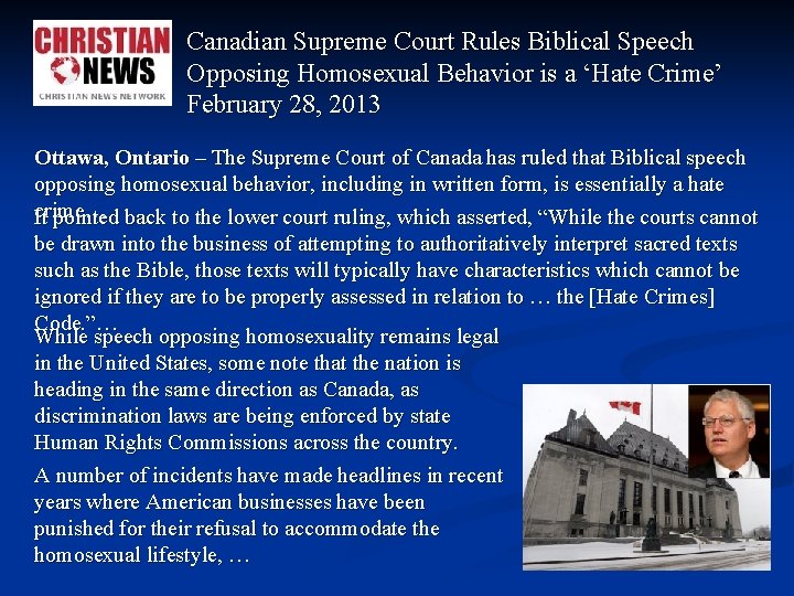 Canadian Supreme Court Rules Biblical Speech Opposing Homosexual Behavior is a ‘Hate Crime’ February