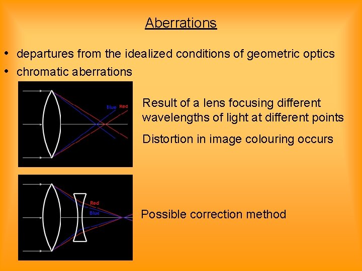 Aberrations • departures from the idealized conditions of geometric optics • chromatic aberrations Result