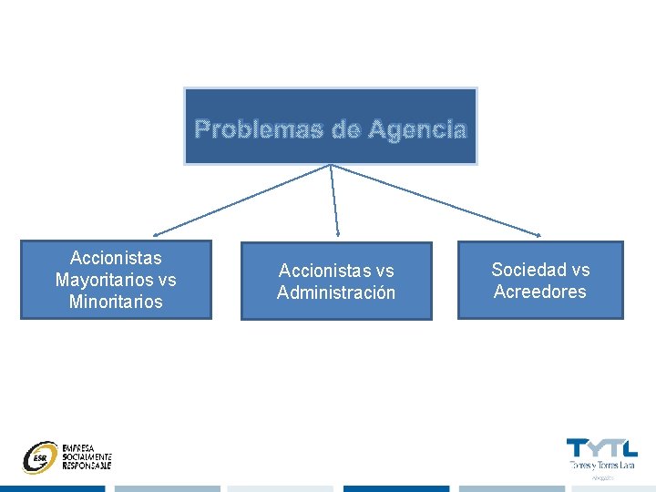 Problemas de Agencia Accionistas Mayoritarios vs Minoritarios Accionistas vs Administración Sociedad vs Acreedores 