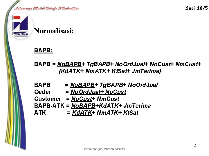 Sesi 10/5 Normalisasi: BAPB = No. BAPB+ Tg. BAPB+ No. Ord. Jual+ No. Cust+
