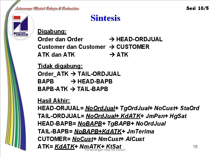 Sesi 10/5 Sintesis Digabung: Order dan Order HEAD-ORDJUAL Customer dan Customer CUSTOMER ATK dan