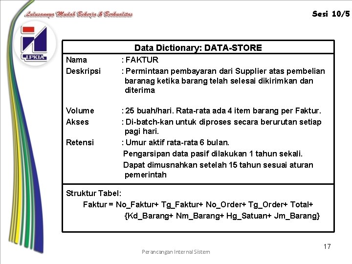 Sesi 10/5 Data Dictionary: DATA-STORE Nama Deskripsi : FAKTUR : Permintaan pembayaran dari Supplier